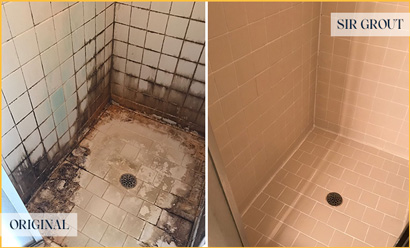 Picture of Tile Shower Plagued with Mold and Mildew Before and After Cleaning Tile and Grout