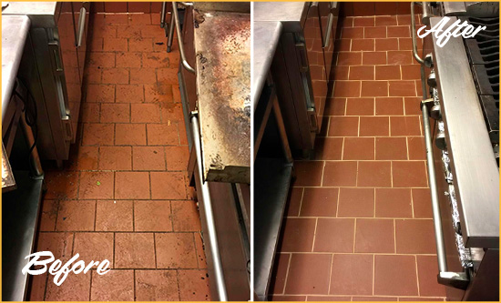 Before and After Picture of a Forestville Restaurant Kitchen Tile and Grout Cleaned to Eliminate Dirt and Grease Build-Up