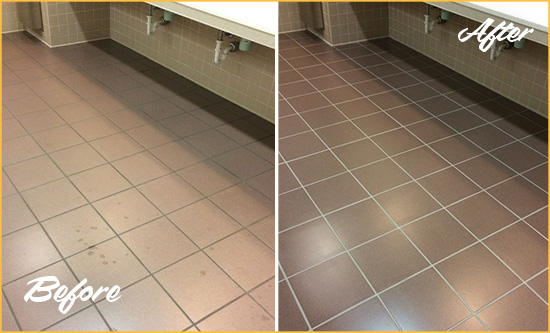 Before and After Picture of a Carpenter Restrooms Tile and Grout Cleaned to Remove Embedded Dirt