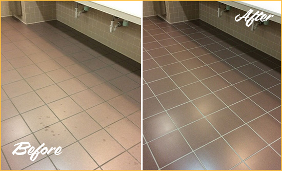 Before and After Picture of a Lizard Lick Restrooms Tile and Grout Cleaned to Remove Embedded Dirt