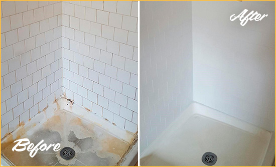 Before and After Picture of a Morrisville Shower Tile and Grout Cleaned to Remove Soap Scum
