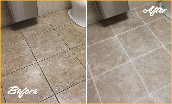 Before and After Picture of a Feltonville Restroom Tile and Grout Cleaned to Remove Soil