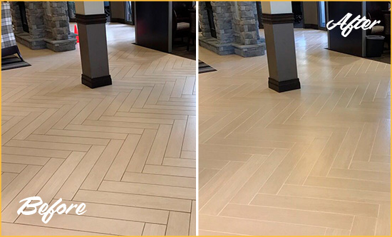 Before and After Picture of a Rolesville Office Floor Tile and Grout Cleaned to Remove Stains