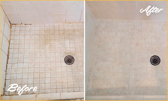 Before and After Picture of a Falls Shower Caulked to Fix Cracks