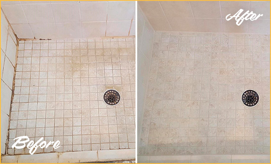 Before and After Picture of a Zebulon Shower Caulked to Fix Cracks