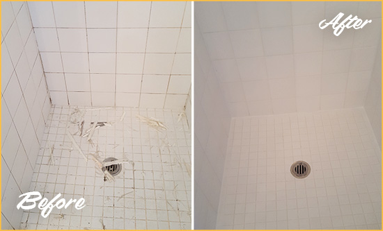 Before and After Picture of a Feltonville Bathroom Re-Caulked To Repair Damaged Caulking