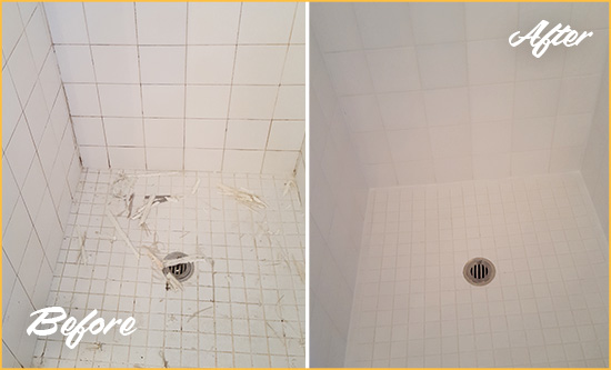 Before and After Picture of a Zebulon Bathroom Re-Caulked To Repair Damaged Caulking