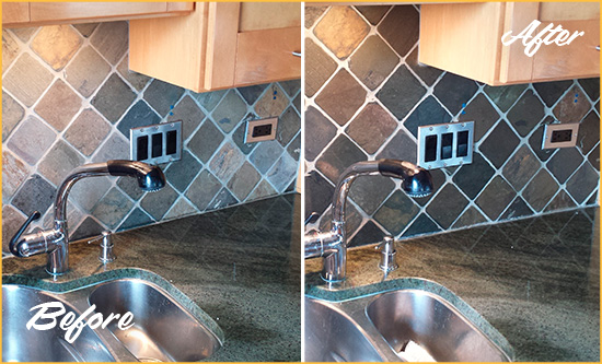 Before and After Picture of a Cary Backsplash Caulked to Fix and Prevent Water Leaks