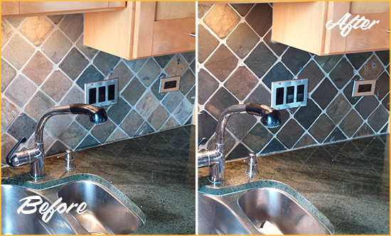 Before and After Picture of a Shotwell Backsplash Caulked to Fix and Prevent Water Leaks