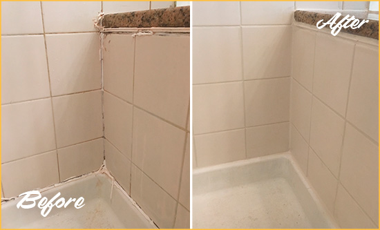 Before and After Picture of a Rolesville Shower Caulked to Repair Damaged Caulking