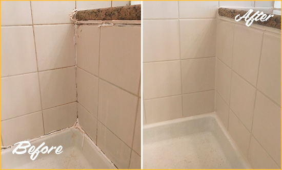 Before and After Picture of a Zebulon Shower Caulked to Repair Damaged Caulking