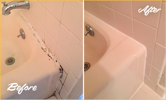 Before and After Picture of a Carpenter Bathroom Sink Caulked to Fix a DIY Proyect Gone Wrong