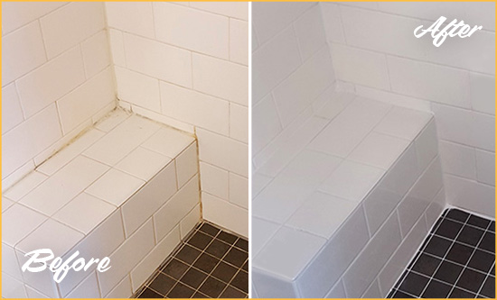 Before and After Picture of a Clegg Shower Seat Caulked to Protect Against Mold and Mildew Growth