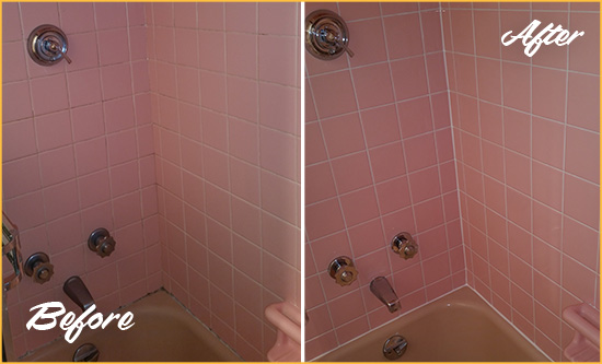 Before and After Picture of a Morrisville Bathtub Caulked to Eliminate Mold