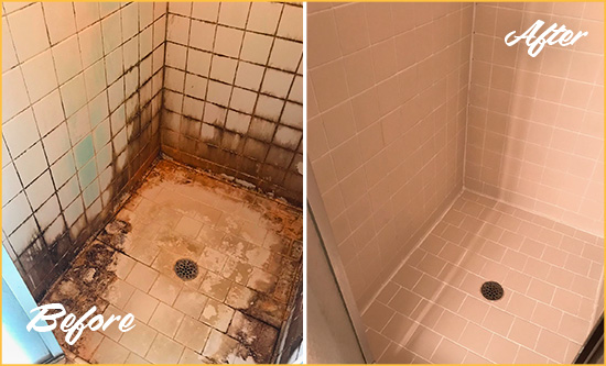 Before and After Picture of a Neuse Shower Caulked to Fix and Prevent Water Damage