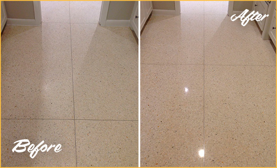 Before and After Picture of a Forestville Granite Stone Floor Polished to Repair Dullness