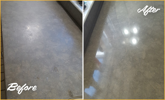 Before and After Picture of a Dull Lizard Lick Limestone Countertop Polished to Recover Its Color