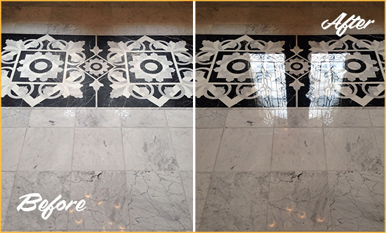 Before and After Picture of a Feltonville Marble Stone Floor Polished to a Mirror Shine