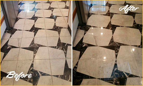 Before and After Picture of a Dull Forestville Marble Stone Floor Polished To Recover Its Luster