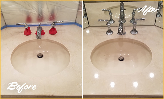 Before and After Picture of a Dull Wendell Marble Stone Vanity Top Polished to Bring-Back Its Sheen