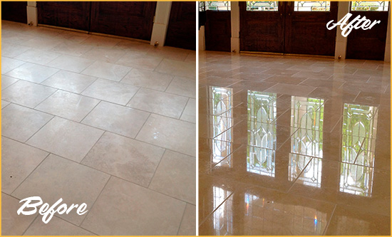 Before and After Picture of a Dull Feltonville Travertine Stone Floor Polished to Recover Its Gloss