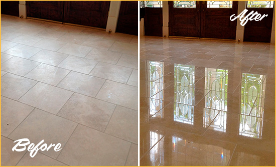 Before and After Picture of a Dull Williams Crossroads Travertine Stone Floor Polished to Recover Its Gloss