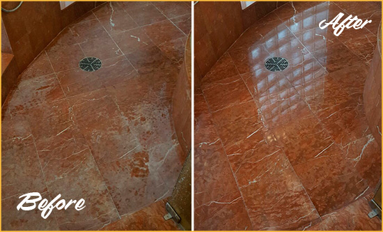 Before and After Picture of a Auburn Marble Stone Shower Polished to Eliminate Mineral Deposits