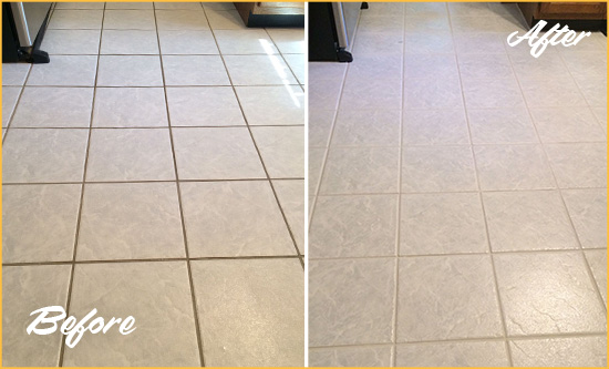 Before and After Picture of a Feltonville Kitchen Ceramic Floor Sealed to Protect From Dirt and Spills