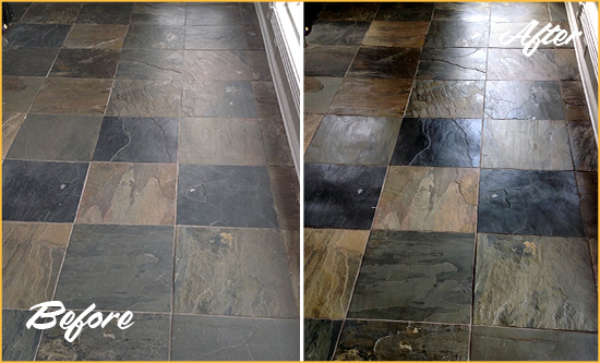 Before and After Picture of a Dull Holly Springs Slate Floor Sealed to Bring Back Its Colors
