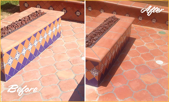 Before and After Picture of a Dull Zebulon Terracotta Patio Floor Sealed For UV Protection