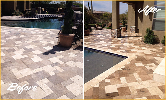 Before and After Picture of a Faded Feltonville Travertine Pool Deck Sealed For Extra Protection