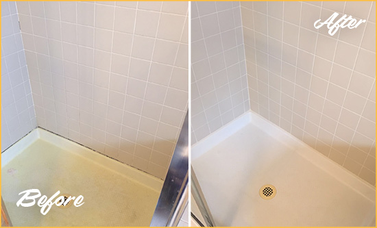 Before and After Picture of a Falls Shower Sealed to Remove and Protect Against Mold