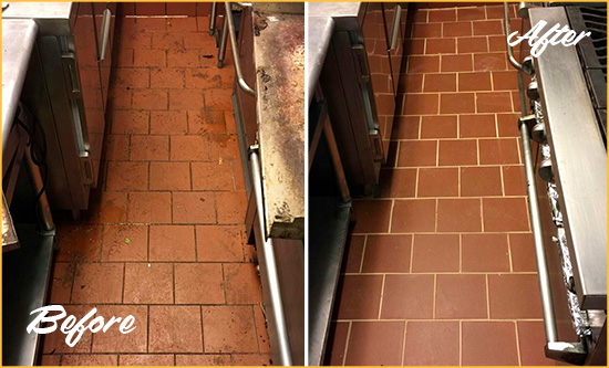 Before and After Picture of a Neuse Restaurant Kitchen Floor Sealed to Remove Soil