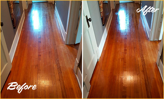 Before and After Picture of a Carpenter Wood Deep Cleaning Service on a Floor to Eliminate Scratches
