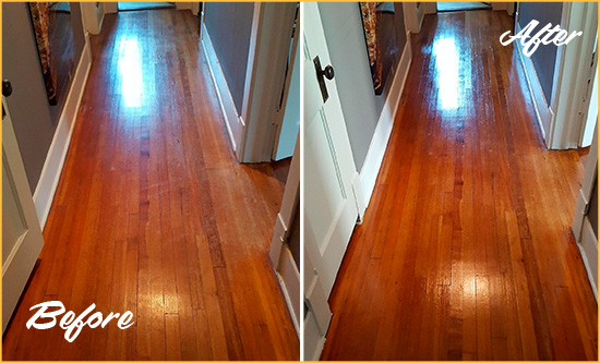 Before and After Picture of a Garner Wood Deep Cleaning Service on a Floor to Eliminate Scratches