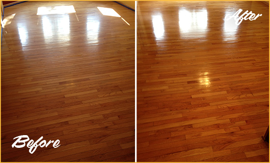 Before and After Picture of a Rolesville Wood Deep Cleaning Service on a Room Floor to Remove Scratches