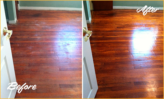 Before and After Picture of a Carpenter Wood Deep Cleaning Service on a Dull Floor to Remove Stains