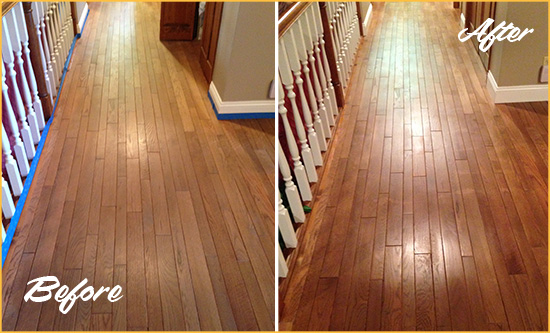 Before and After Picture of a Carpenter Wood Deep Cleaning Service on a Worn Out Floor