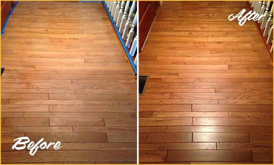 Before and After Picture of a Falls Wood Sand Free Refinishing Service on a Dull Hallway