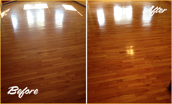 Before and After Picture of a Carpenter Wood Sand Free Refinishing Service on a Room Floor to Remove Scratches