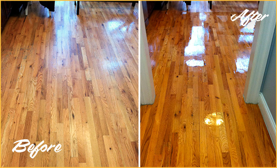 Before and After Picture of a Clegg Wood Sand Free Refinishing Service on a Worn Out Hallway
