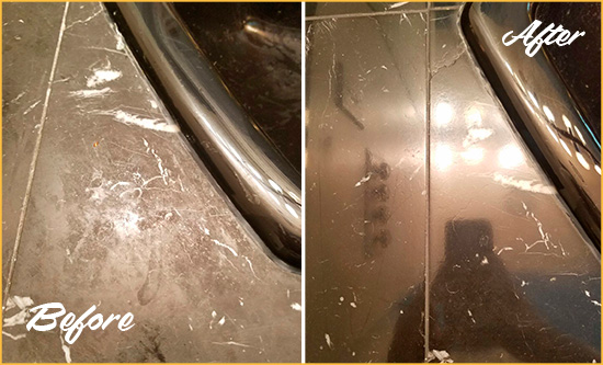 Before and After Picture of a Clegg Marble Countertop Cleaned to Remove Deep Dirt