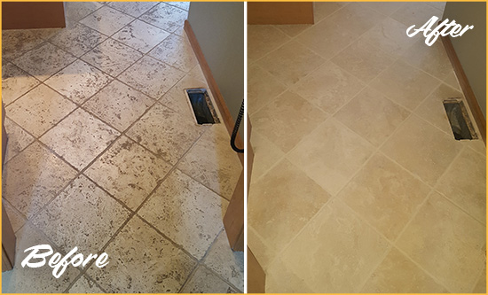 Before and After Picture of a Eagle Rock Kitchen Marble Floor Cleaned to Remove Embedded Dirt