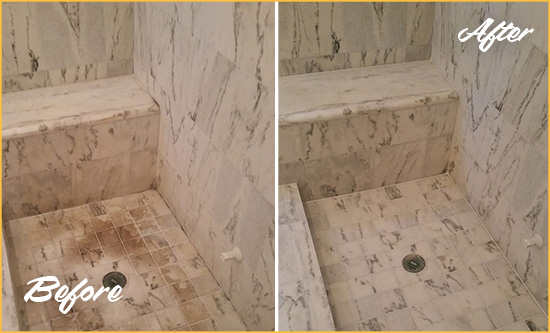 Before and After Picture of a Dirty Neuse Marble Shower Cleaned to Eliminate Dark Stains