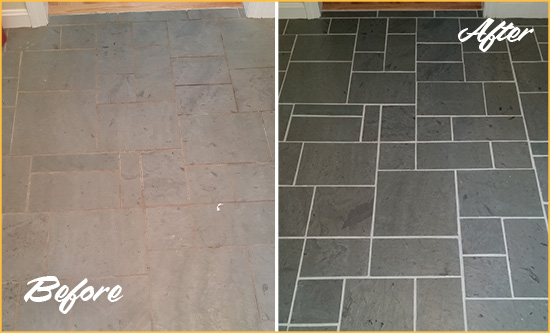 Before and After Picture of a Garner Slate Floor Cleaned to Remove Deep-Seated Dirt