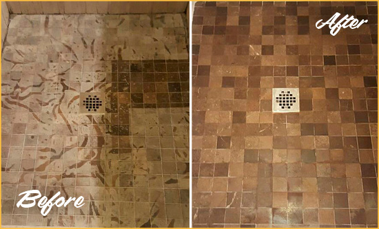 Before and After Picture of a Stained Morrisville Marble Shower Floor Cleaned to Remove Etching
