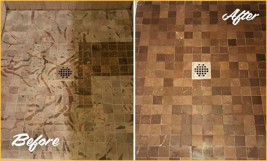 Before and After Picture of a Stained Garner Marble Shower Floor Cleaned to Remove Etching