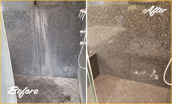Before and After Picture of a Fuquay-Varina Granite Shower Cleaned to Remove Mineral Deposits