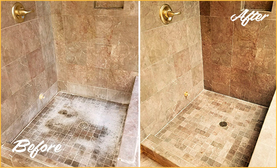 Before and After Picture of a Garner Travertine Shower Cleaned to Eliminate Water Spots