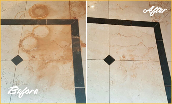 Before and After Picture of a Zebulon Marble Floor Cleaned to Eliminate Rust Stains